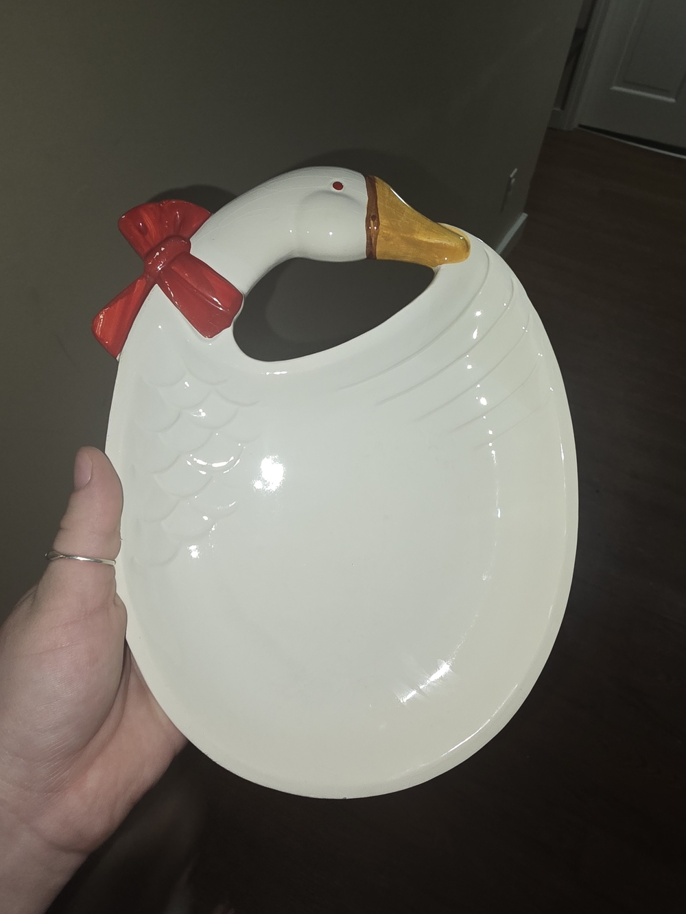 White Ceramic Goose Trinket Dish with Red Bow and Yellow Beak